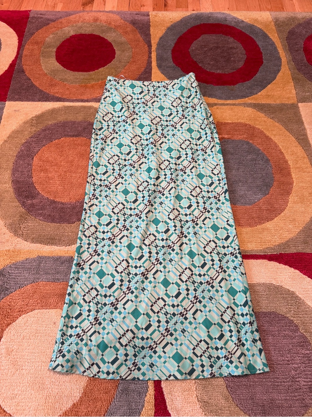 Princess Polly Long Maxi Skirt High Waisted Green Geometric Pattern Size US 6